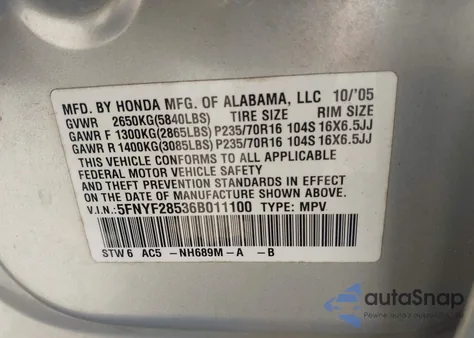 2006 Honda Pilot Ex-L из США, поврежденный, VIN 5FNYF28536B011100